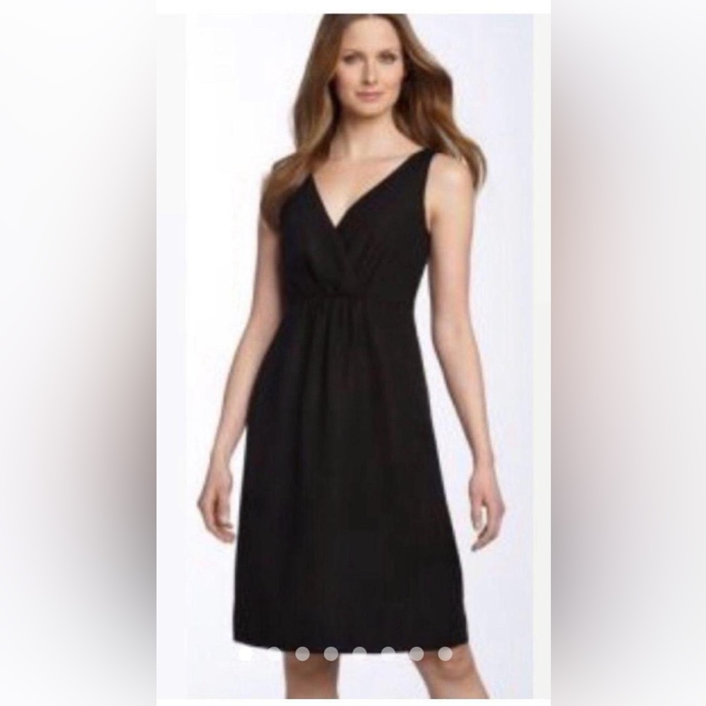 EILEEN FISHER Black Linen Blend Front Back Gathers Surplice Dress Size XL EUC